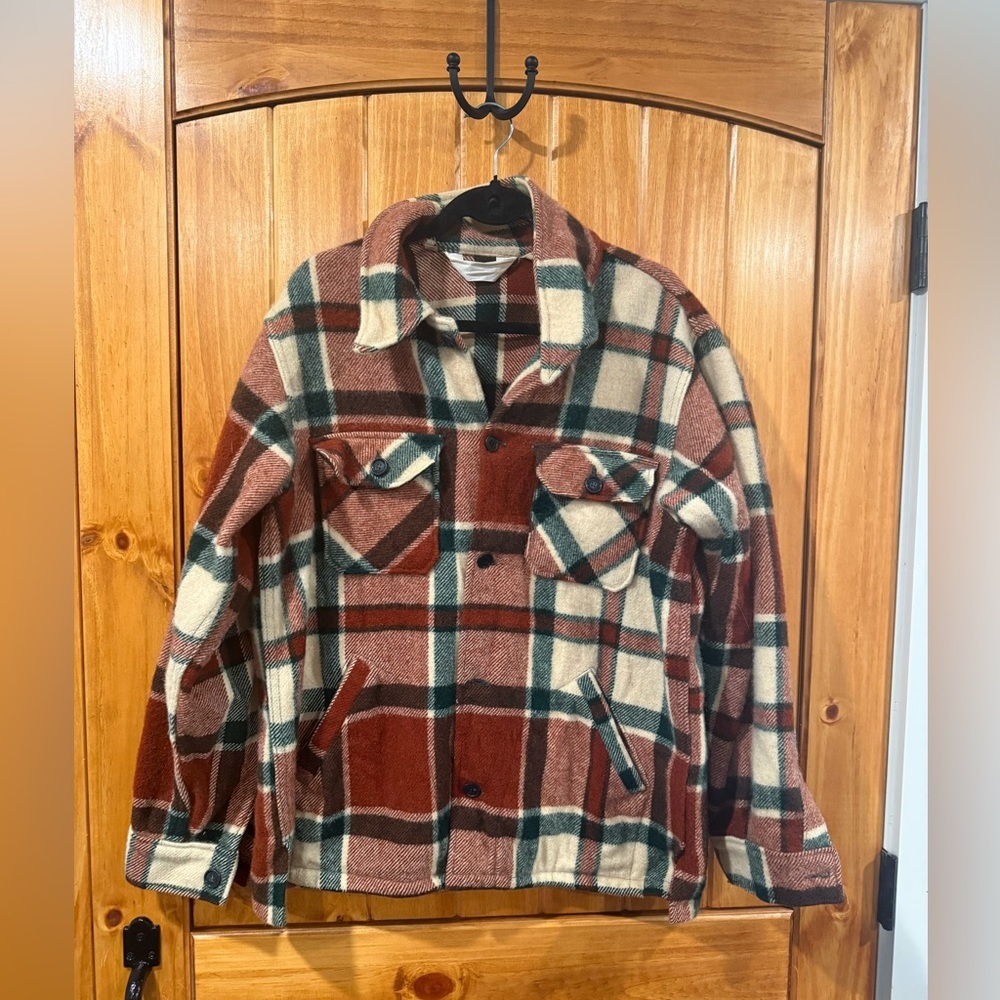 Woolrich VTG 60s 70s Wool Nylon Blend Shirt Jacket Plaid Red Green Brown Mens - Picture 2 of 6
